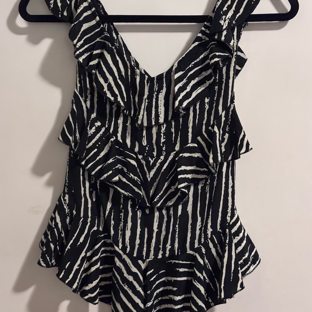 Black and White Asymmetrical Ruffled Tank Top